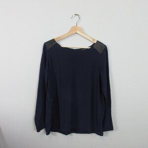 Club Monaco Natalia Silk Leather Blouse Women M Navy Open Back Elegant Luxury 85